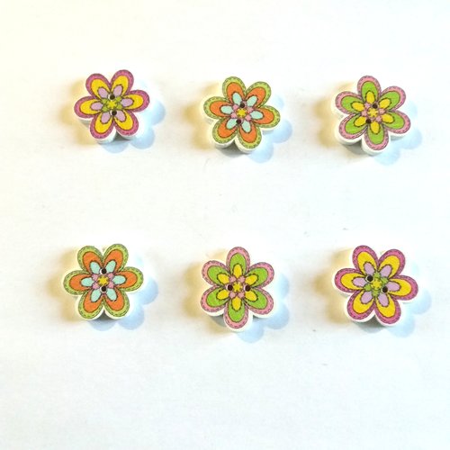 6 boutons fantaisies en bois - fleur multicolore - 18mm - bri471 n°3