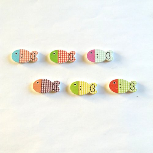 6 boutons fantaisies en bois - poisson multicolore - 13x25mm - bri474 n°1