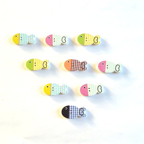 9 boutons fantaisies en bois - poisson multicolore- 13x25mm - bri474 n°8