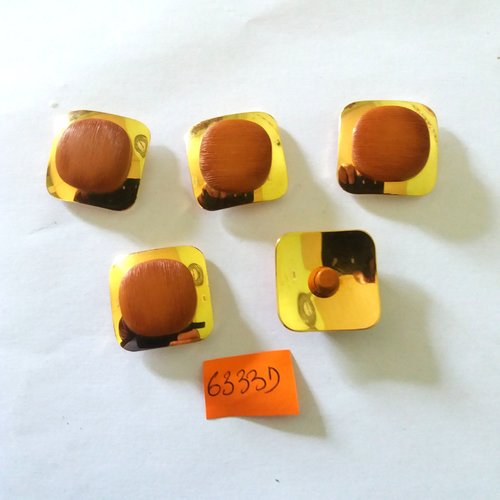 5 boutons en métal doré et résine marron - vintage - 27mm - 6333d