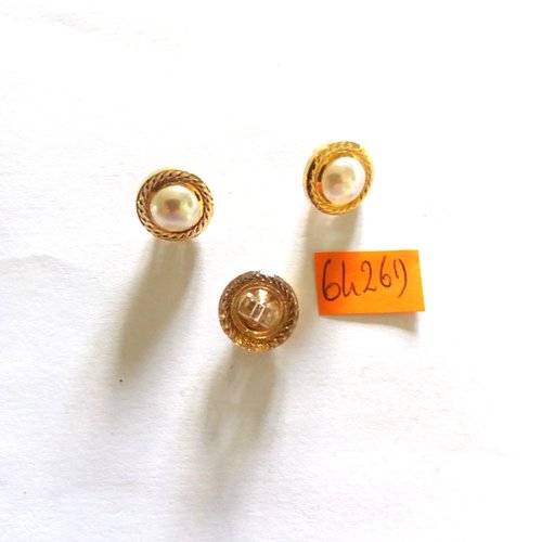 3 boutons en métal doré + perle - vintage - 13mm - 6426d