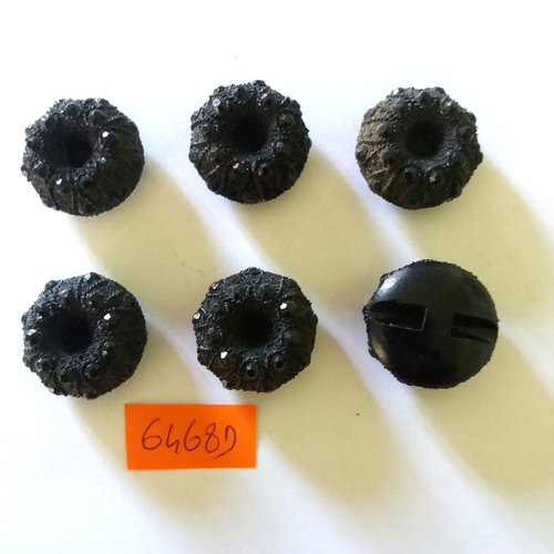 6 boutons en résine noir - vintage - 24mm - 6468d