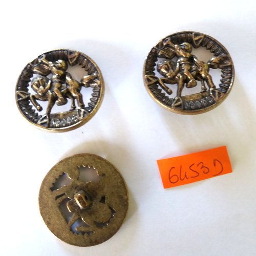 3 boutons en métal doré - cheval + cavalier - vintage - 35mm - 6453d