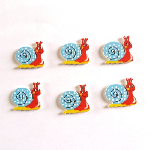 6 boutons fantaisies en bois - escargot - bleu et rouge - 22x24mm - bri476