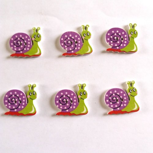 6 boutons fantaisies en bois - escargot - vert et violet - 22x24mm - bri476