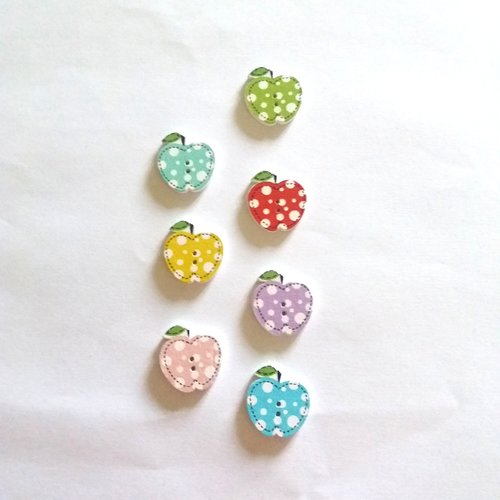 7 boutons fantaisies en bois - pomme - multicolore - 20x20mm - bri477 n°1