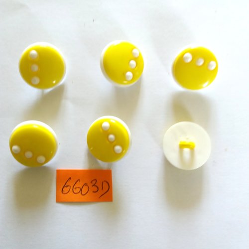 6 boutons en résine blanc et jaune - vintage - 19mm - 6603d