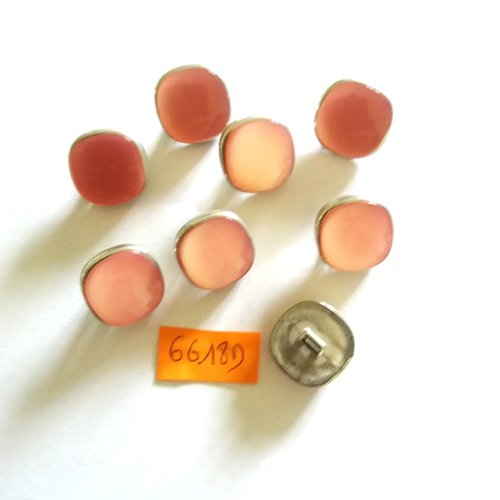 8 boutons en résine argenté et rose - vintage - 17x17mm - 6618d