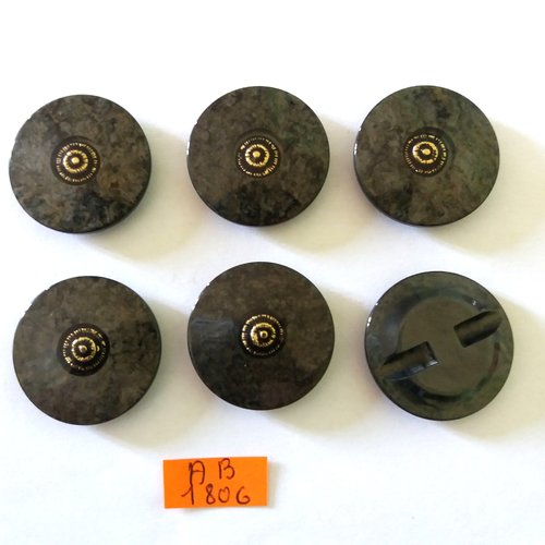 6 boutons en résine gris et doré - 28mm - ab1806