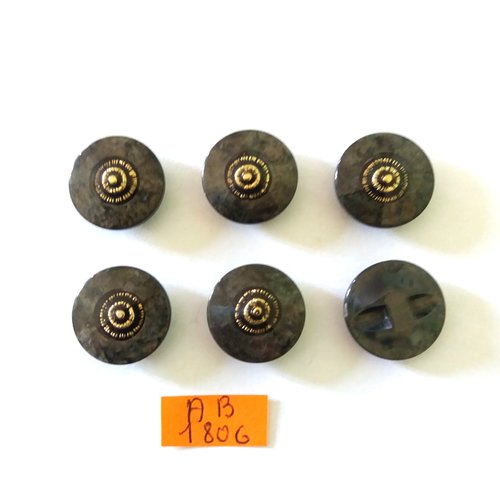 6 boutons en résine gris et doré - 18mm - ab1806