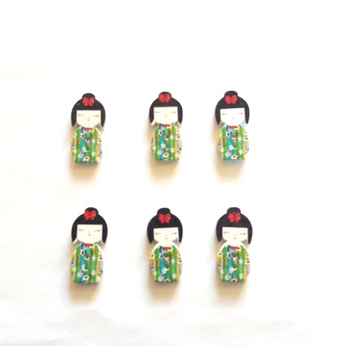 6 boutons fantaisies en bois - poupée geisha - vert à fleur - 15x30mm - f8