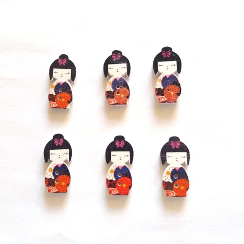 6 boutons fantaisies en bois - poupée geisha - orange et violet - 15x30mm - f8