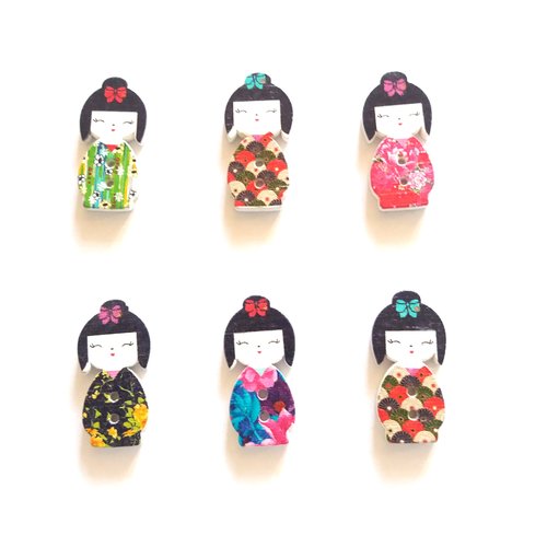 6 boutons fantaisies en bois - poupée geisha - multicolore - 15x30mm - f8 n°1