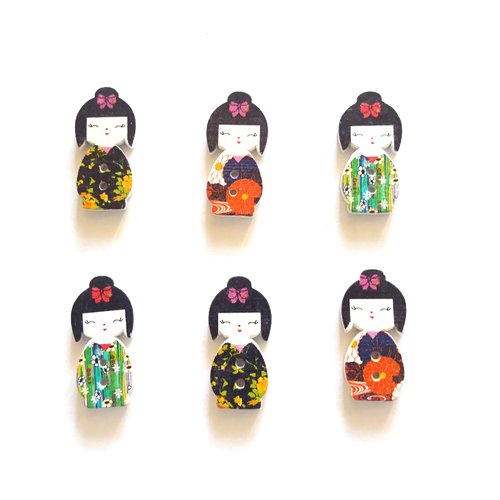 6 boutons fantaisies en bois - poupée geisha - multicolore - 15x30mm - f8 n°2