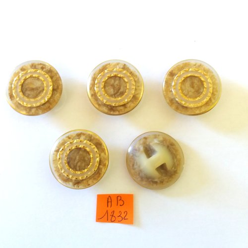 5 boutons en résine doré et beige - 27mm - ab1832