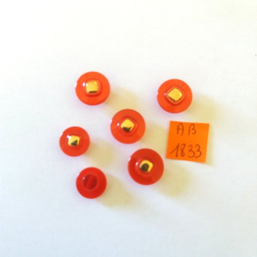 6 boutons en résine rouge et doré - 14mm - ab1833