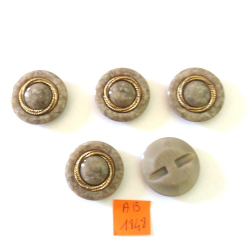 5 boutons en résine gris et doré - 28mm - ab1848
