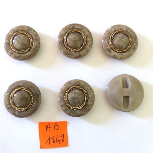 6 boutons en résine gris et doré - 23mm - ab1848