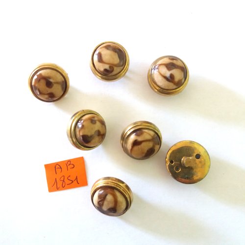 7 boutons en métal doré et résine marron/beige - 18mm - ab1851