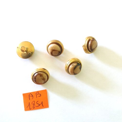 5 boutons en métal doré et résine marron/beige - 13mm - ab1851