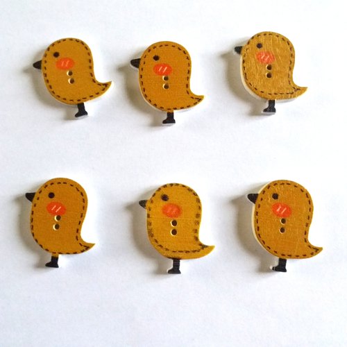 6 boutons fantaisies en bois - oiseaux - marron/camel - 25x22mm - f1