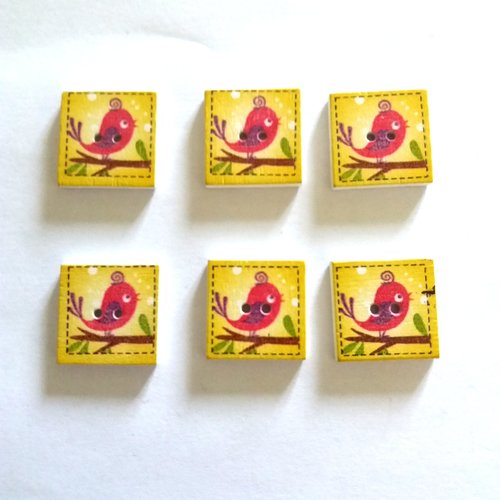 6 boutons fantaisies en bois - oiseaux - jaune et fuchia - 20x20mm - f9