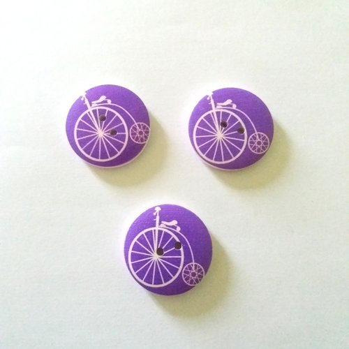 3 boutons fantaisies en bois - vélo - violet - 30mm - 8