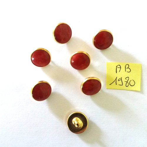 7 boutons en résine rouge et métal doré - 12mm - ab1980