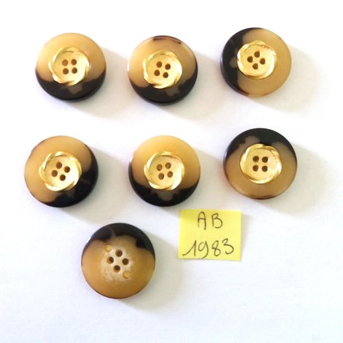 7 boutons en résine marron beige et doré - 23mm - ab1983