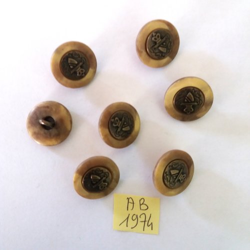 7 boutons en résine kaki et métal bronze - 18mm - ab1974