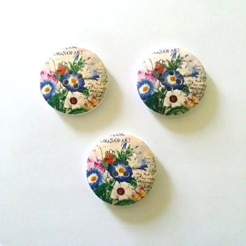 3 boutons fantaisies en bois - fleur multicolore - 30mm - 16