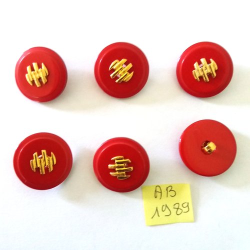 6 boutons en résine rouge et doré - 23mm - ab1989