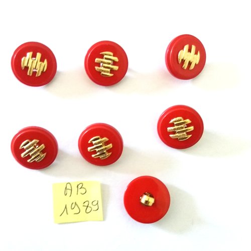 7 boutons en résine rouge et doré - 18mm - ab1989