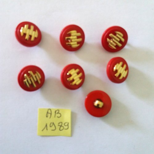7 boutons en résine rouge et doré - 15mm - ab1989