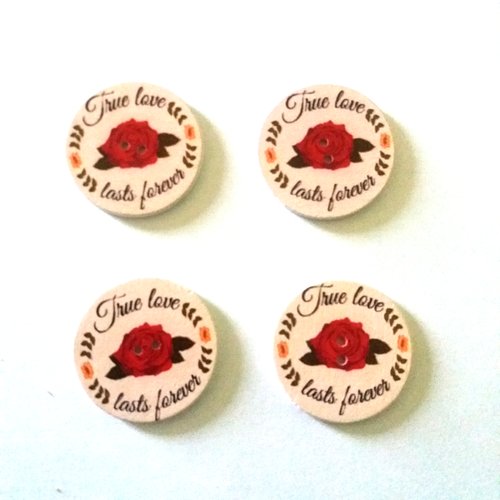 4 boutons fantaisies en bois - fond rose pale et fleur rouge - 32mm - 8