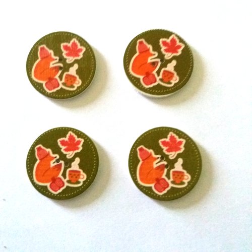 4 boutons fantaisies en bois - fond vert et orange - 32mm - 8