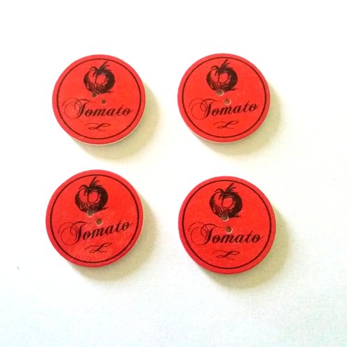 4 boutons fantaisies en bois - fond rouge et noir - 32mm - 8