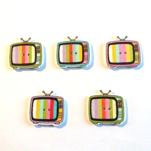5 boutons fantaisies en bois - télévision - multicolore - 23x25mm - f9