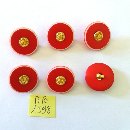 6 boutons en résine blanc rouge et doré - 21mm - ab1998
