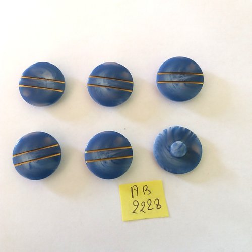 6 boutons en résine bleu et doré - 22mm - ab2228