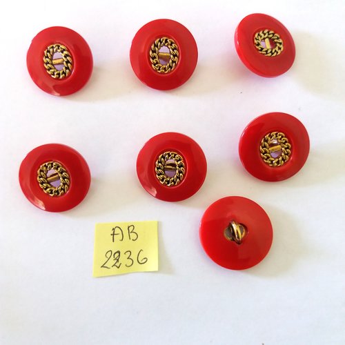 7 boutons en résine rouge et doré - 27mm - ab2236