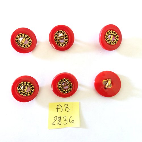 6 boutons en résine rouge et doré - 18mm - ab2236