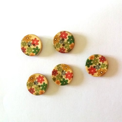 5 boutons en coco - fleur rouge vert jaune - 20mm - f9 n°4