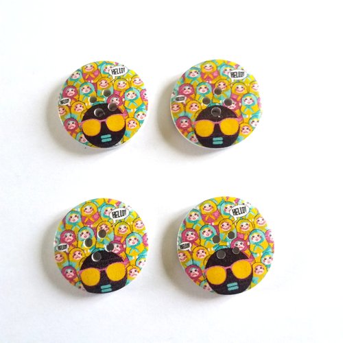 4 boutons fantaisies en bois multicolore - 30mm - 6