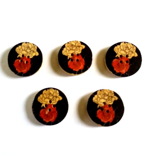 5 boutons fantaisies en bois  - fond noir et fleur rouge et écru - 30mm - 9