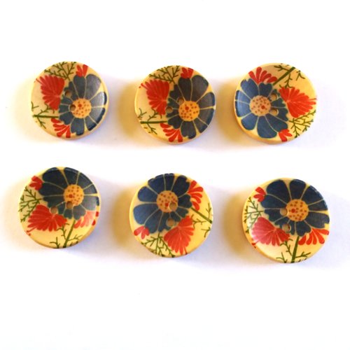 6 boutons fantaisies en bois - fond beige et grosse fleur bleu - 30mm - 13
