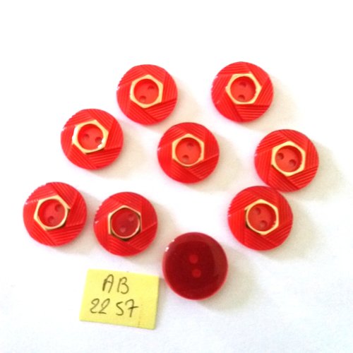 9 boutons en résine rouge et doré - 18mm - ab2257
