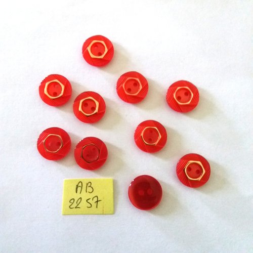 9 boutons en résine rouge et doré - 14mm - ab2257