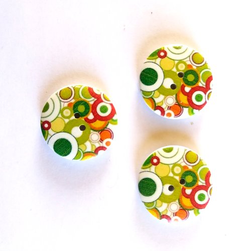 3 boutons fantaisies en bois - rond vert rouge et blanc - 30mm - 6