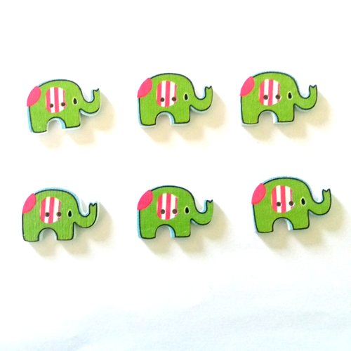 6 boutons fantaisies en bois - éléphant - vert rose et blanc - 20x30mm - f10 n°1